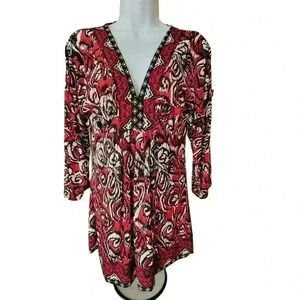 INC International Concepts Tunic Blouse Shirt Women's Size S Black Red V-Neck